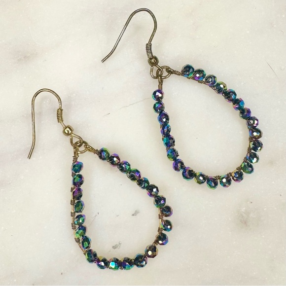 AB Crystal Beaded Wire Wrapped Handmade Teardrop Shape Dangle Earrings - Picture 5 of 6